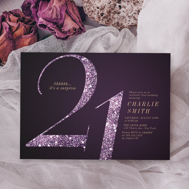 Modern minimalist purple glitter 21st birthday invitation (Modern minimalist purple glitter 21st birthday invitation)