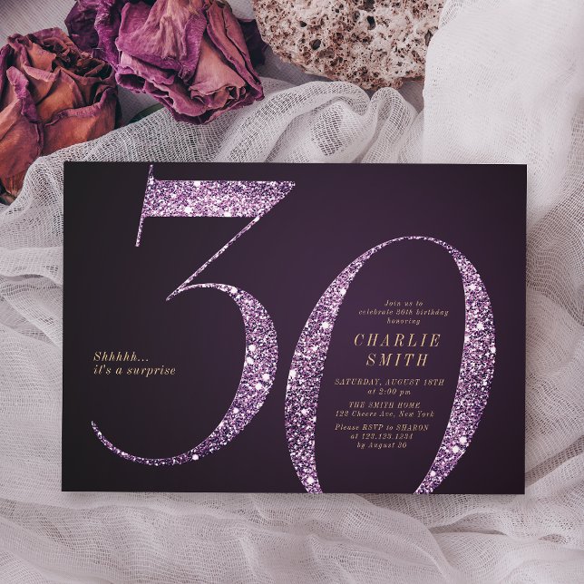 Modern minimalist purple glitter 30th birthday invitation (Modern minimalist purple glitter 30th birthday invitation)