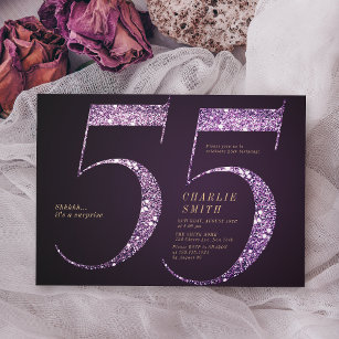 Modern minimalist purple glitter 55th birthday invitation