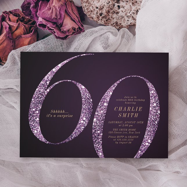 Modern minimalist purple glitter 60th birthday invitation (Modern minimalist purple glitter 60th birthday invitation)