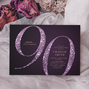 Modern minimalist purple glitter 90th birthday invitation