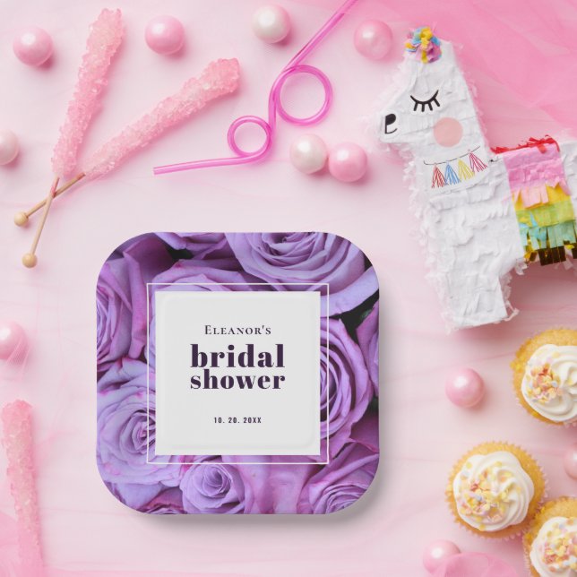 Modern Minimalist Purple Roses Bridal Shower Paper Plate (Party)