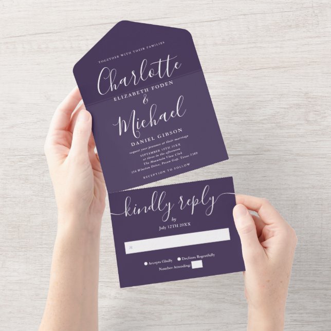 Modern Minimalist Purple Script Wedding All In One Invitation (Tearaway)