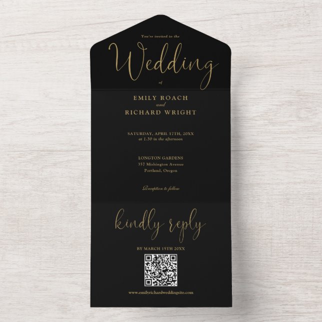 Modern Minimalist QR Code Black And Gold Wedding All In One Invitation (Inside)