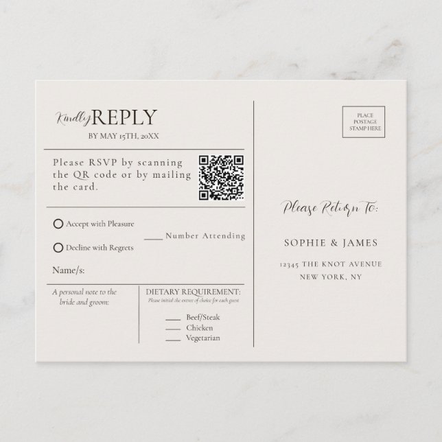 Modern Minimalist QR Code Calligraphy RSVP  Postcard (Front)