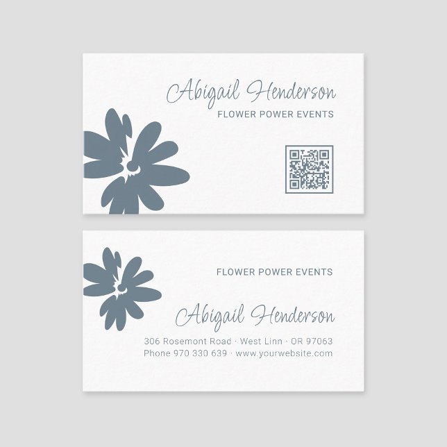 Modern Minimalist QR Code Dusty Blue Daisy Flower Business Card (Creator Uploaded)