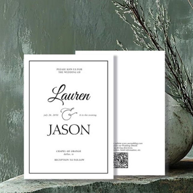 Modern Minimalist QR Code Names Calligraphy Black Invitation (Creator Uploaded)