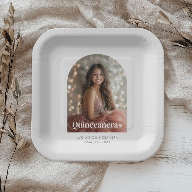 Modern Minimalist Quinceañera Arched Photo  Paper Plate (Zazzle Modern Minimalist Quinceañera Arched Photo  Paper Plates)