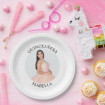 Modern Minimalist Quinceañera Photo Paper Plate<br><div class="desc">Create your own personalized white border round photo paper plates for your her 15th birthday. Customize the solid white background colour or the black text colour to match your photo. If you change the font type or size, you can fine tune the curvature of the text in small increments. Add...</div>