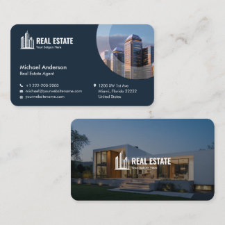 Modern Minimalist Real Estate Photo Dark Blue Business Card
