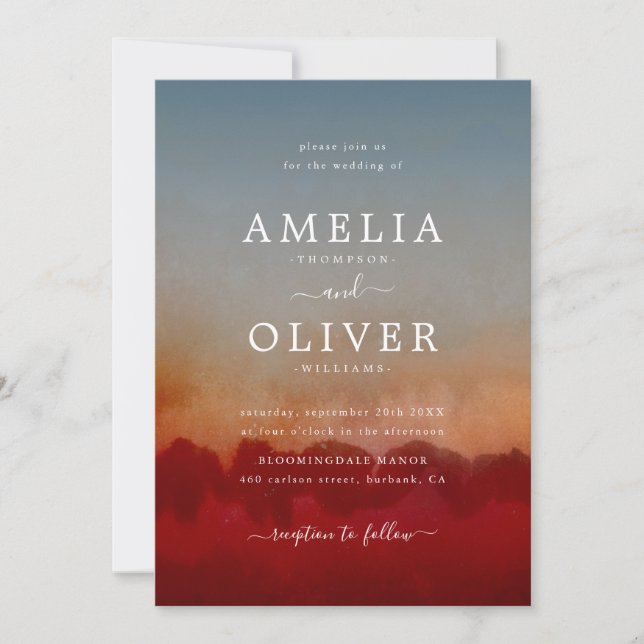 Modern Minimalist  Red and Blue Abstract Wedding Invitation (Front)