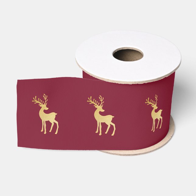 Modern Minimalist Red & Golden Reindeer Christmas Grosgrain Ribbon (Spool)