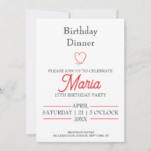 Modern Minimalist Red Heart Birthday Dinner Invitation