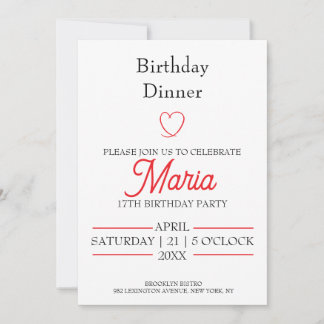 Modern Minimalist Red Heart Birthday Dinner Invitation