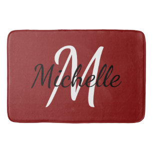 Modern Minimalist Red Monogram Name + Initial Bath Mat