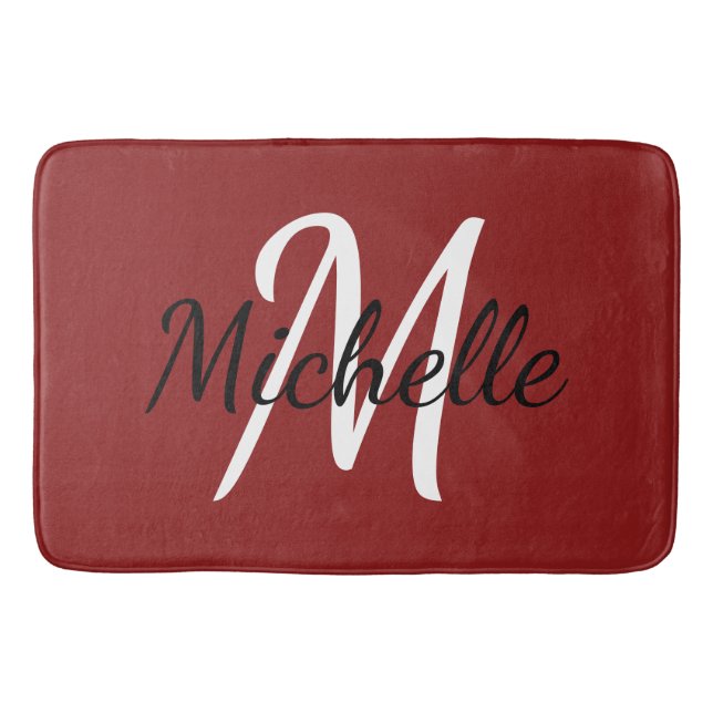 Modern Minimalist Red Monogram Name + Initial Bath Mat (Front)