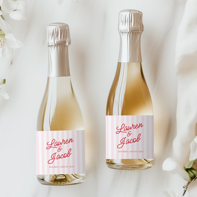 Modern Minimalist Red Pink Stripes Wedding Mini Sparkling Wine Label (Creator Uploaded)
