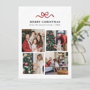 Modern Minimalist Red Ribbon Christmas 4 Photo Holiday Card