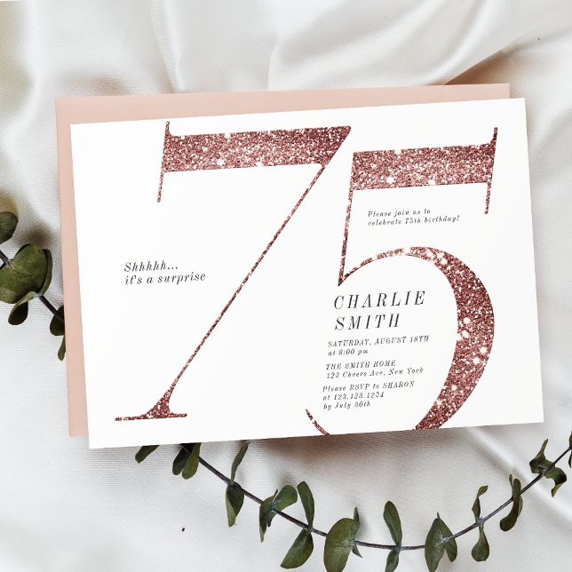 Modern minimalist rose gold glitter 75th birthday invitation (Modern minimalist rose gold glitter 75th birthday invitation)