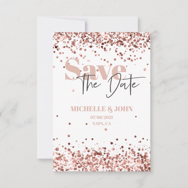 Modern Minimalist Rose Gold Glitter Script Save The Date (Front)