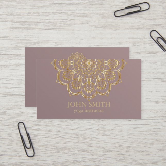 Modern Minimalist Rose Gold Lotus Yoga Instructor Business Card (Front/Back In Situ)