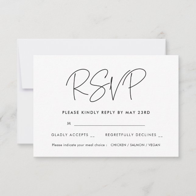 Modern minimalist RSVP card with meal choice (Front)