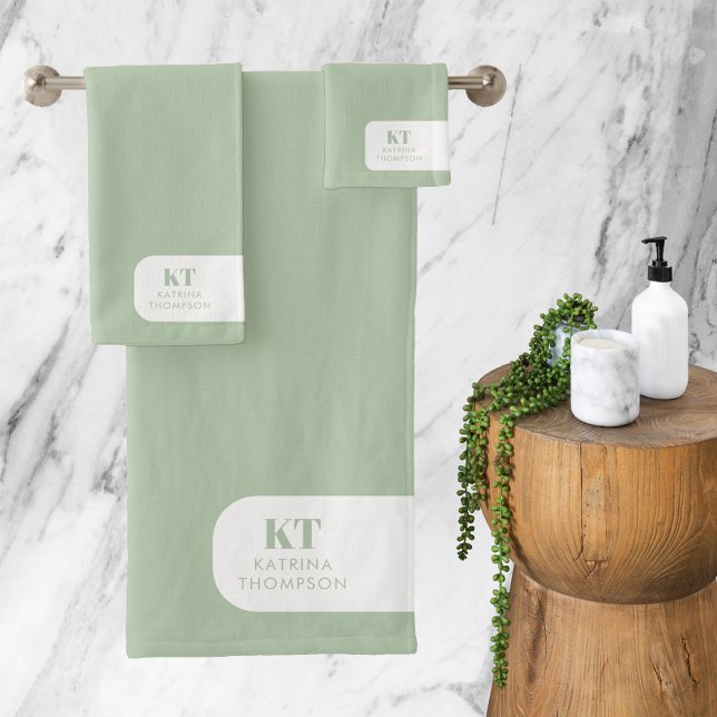 Modern Minimalist Sage Green Initials Monogram Bath Towel Set (Creator Uploaded)