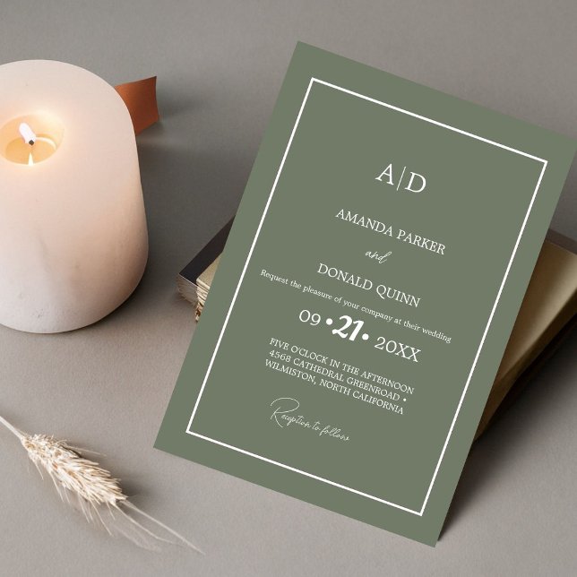 Modern Minimalist Sage Green Monogram Wedding Invitation (Creator Uploaded)
