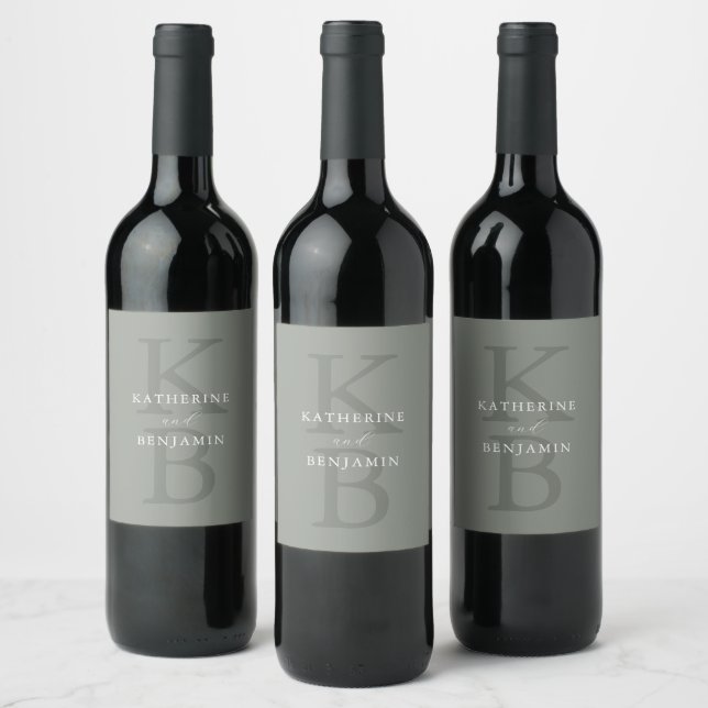 Modern Minimalist Sage Green Monogram Wedding Wine Label (Bottles)
