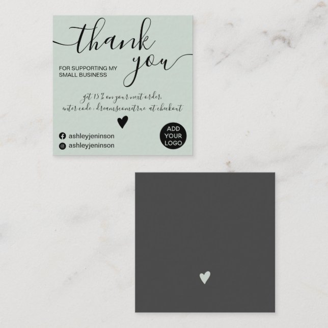 Modern minimalist sage green order thank you square business card (Front/Back)