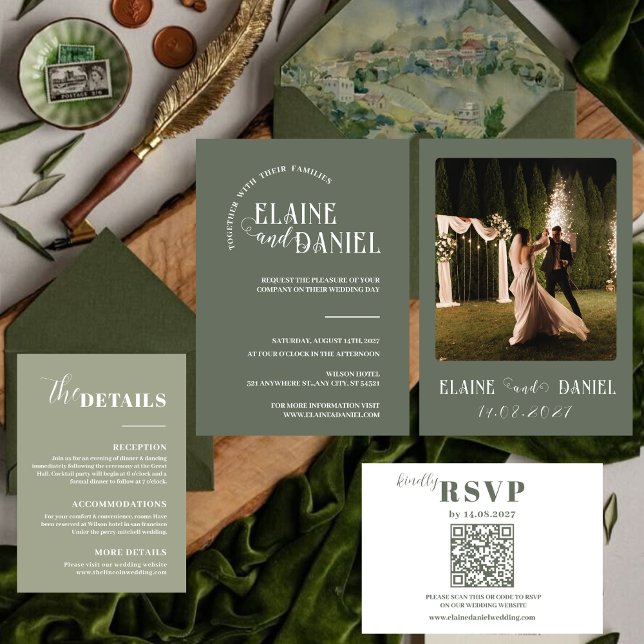 Modern Minimalist sage green photo Wedding Invitation (Creator Uploaded)