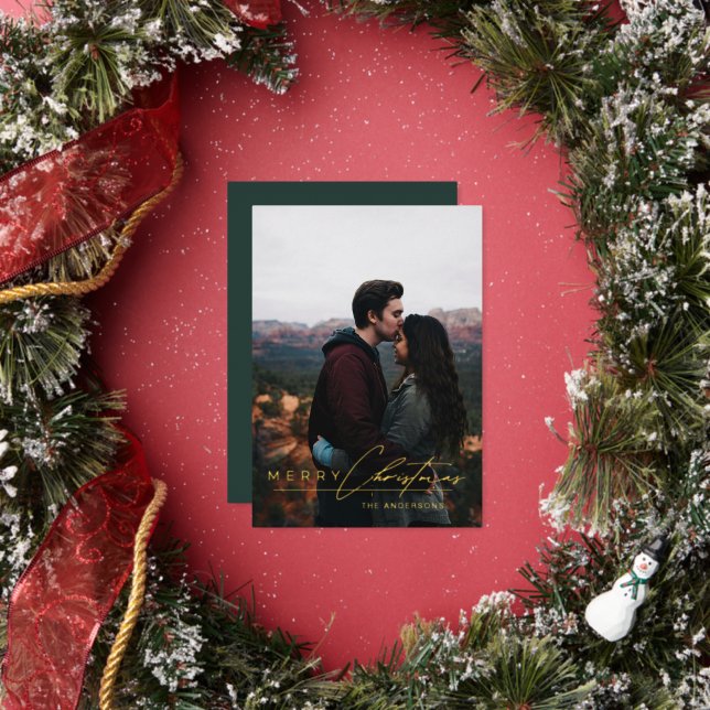 Modern Minimalist Script 1 Photo Green Christmas Foil Holiday Card (Insitu)