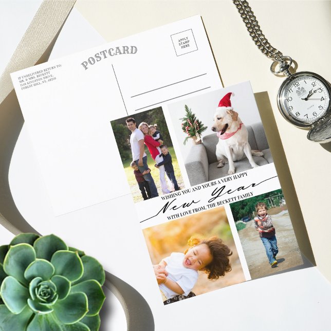 Modern Minimalist Script 4 Photo Collage New Year Holiday Postcard (Creator Uploaded)
