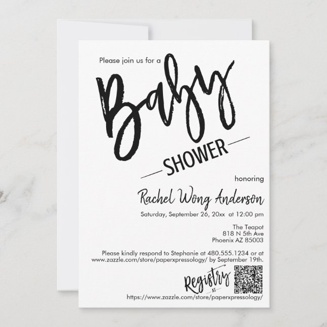 Modern Minimalist Script Baby Shower QR Code Invitation (Front)