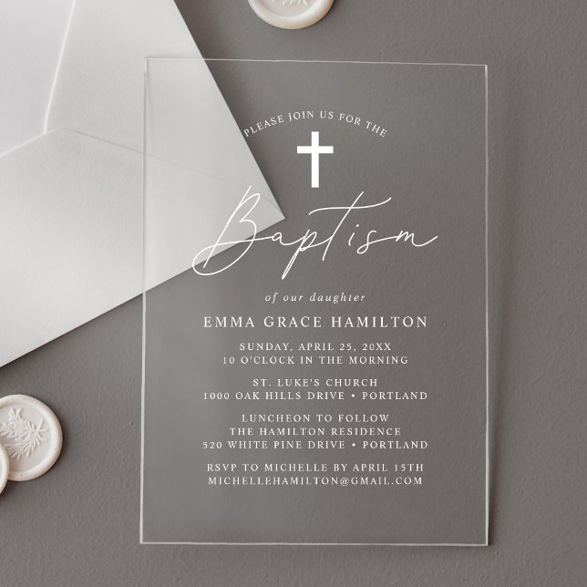Modern Minimalist Script Baptism Acrylic Invitations (Creator Uploaded)