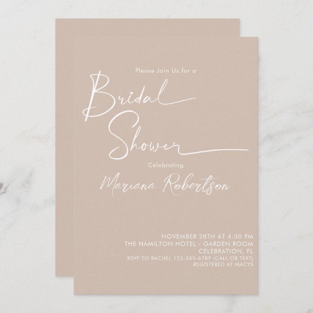 Modern Minimalist Script Beige Bridal Shower Invitation (Front/Back)