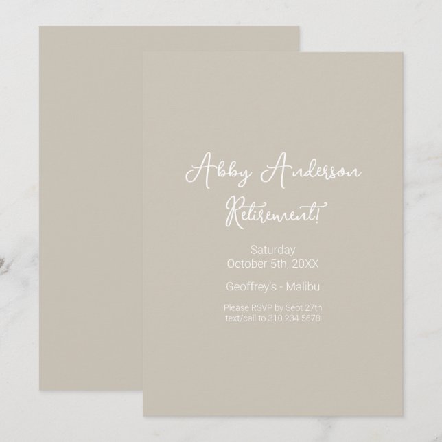 Modern Minimalist Script | Beige Retirement Invitation (Front/Back)