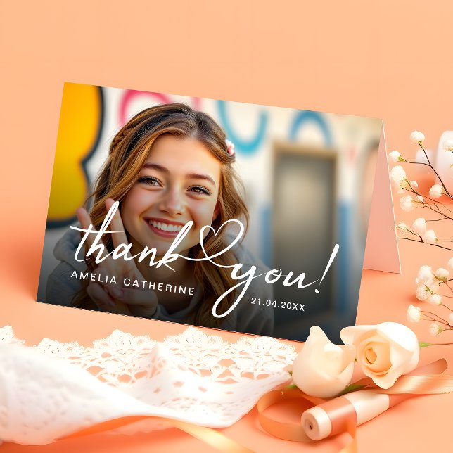 Modern Minimalist Script Birthday Photo Thank You Card (Creator Uploaded)