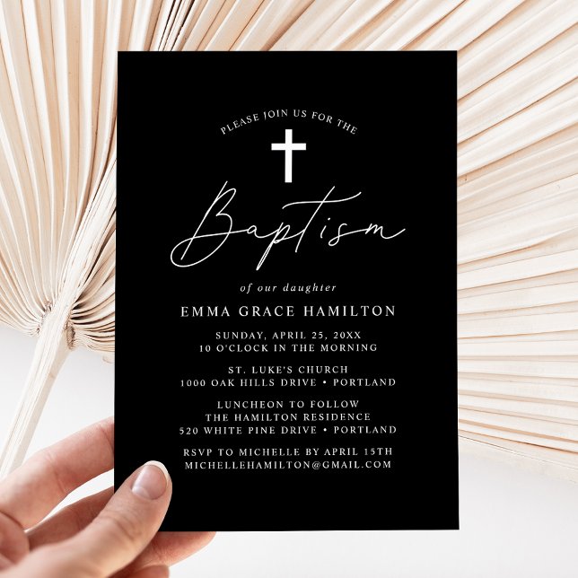 Modern Minimalist Script Black and White Baptism Invitation (Creator Uploaded)