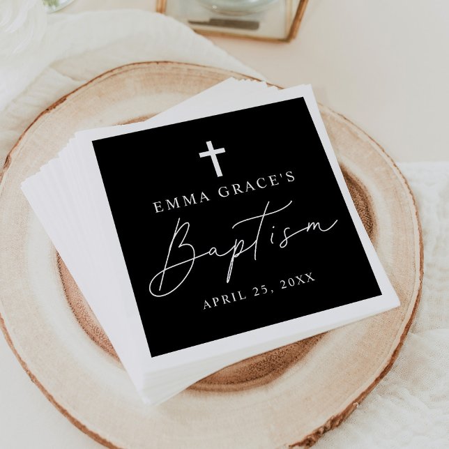 Modern Minimalist Script Black and White Baptism Napkin (Creator Uploaded)