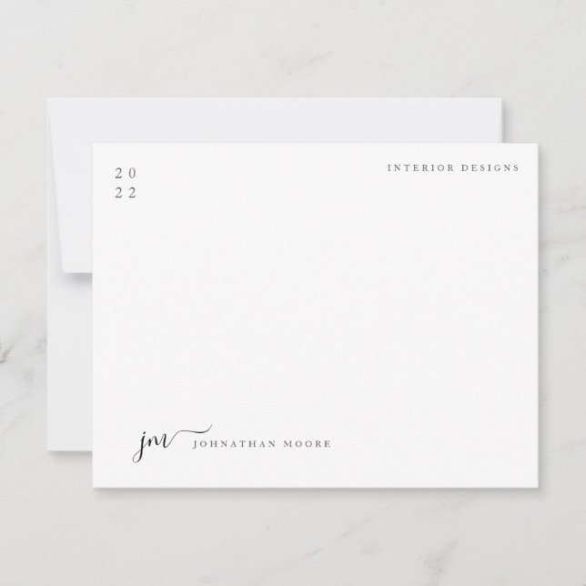 Modern Minimalist Script Black and White Monogram Card (Front)