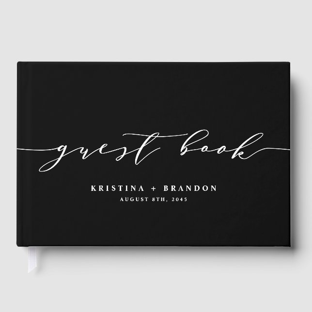 Modern Minimalist Script Black and White Wedding Guest Book (Front)