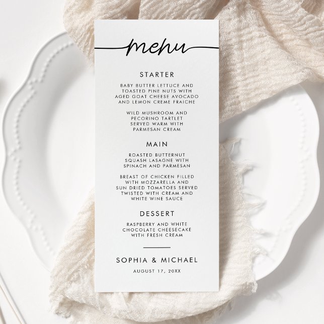 Modern Minimalist Script Black And White Wedding Menu (Creator Uploaded)