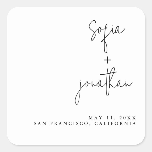 Modern Minimalist Script | Black and White Wedding Square Sticker (Front)