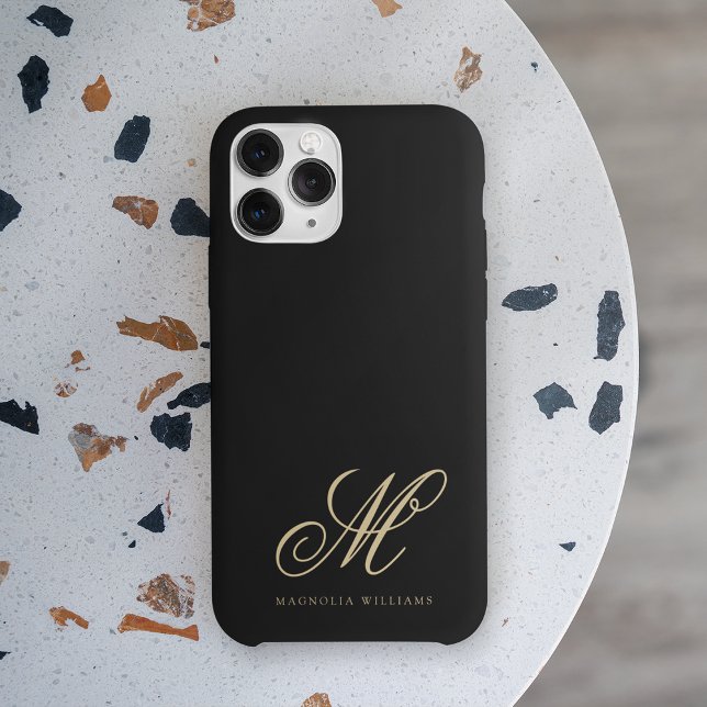Modern Minimalist Script Black Gold Monogrammed Case-Mate iPhone Case (Creator Uploaded)