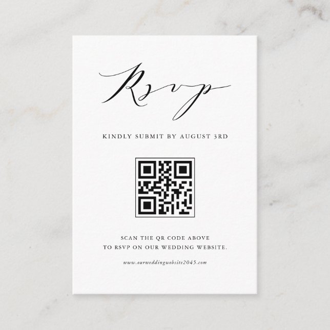 Modern Minimalist Script Black QR Code RSVP Enclosure Card (Front)