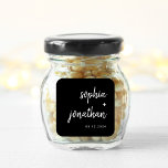 Modern Minimalist Script Black | Wedding Square Sticker<br><div class="desc">These elegant,  minimalist wedding stickers feature white modern script typography and clean,  sans serif text on a dark black background for a simple and stylish design you will love.</div>