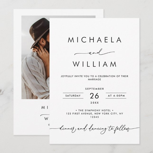 Modern Minimalist Script Black & White Wedding Invitation (Front/Back)