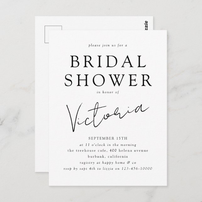 Modern Minimalist Script Bridal Shower Invitation Postcard (Front/Back)
