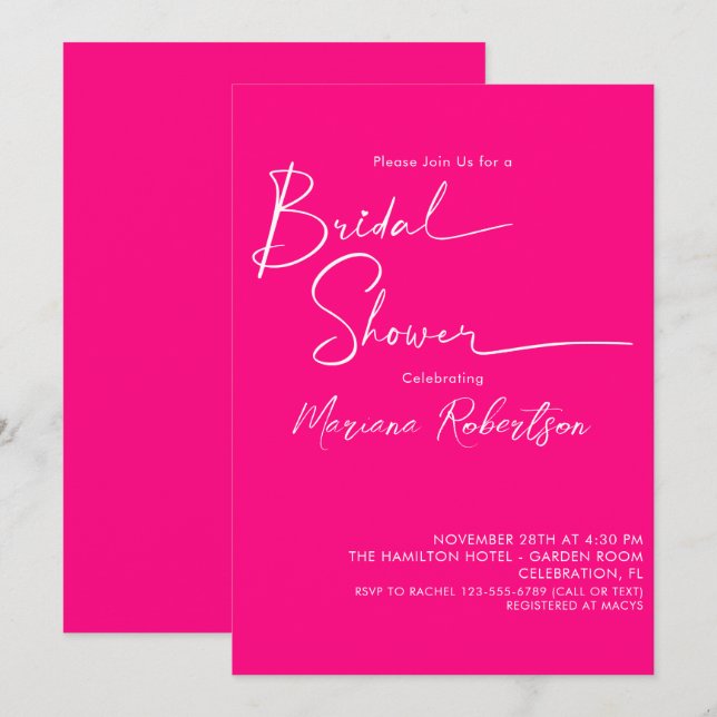 Modern Minimalist Script Bright Pink Bridal Shower Invitation (Front/Back)